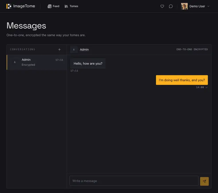 Private messages in ImageTome, dark theme